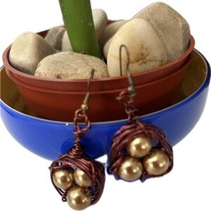 Unique Copper Wire-Wrapped & Elegant Faux Pearl Bird Nest Egg Fashion Earrings